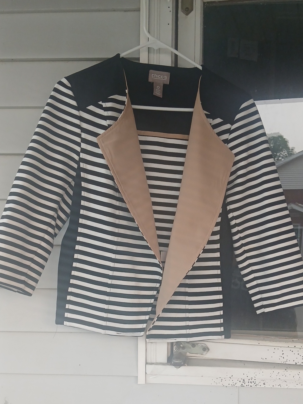 Chico's Black & White Striped Blazer with Tan Lapel Accent